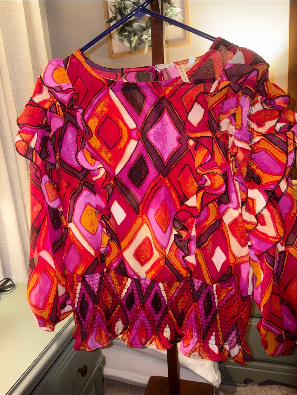 Vibrant Pink & Red Geometric Ruffle Blouse